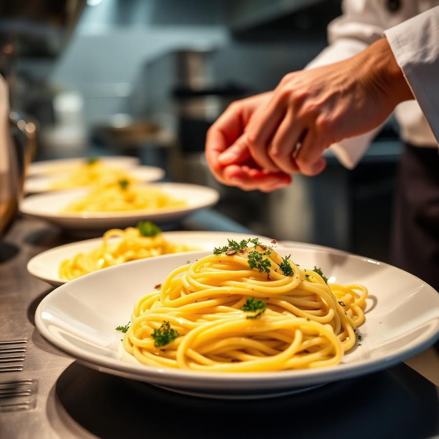 Dettaglio della cucina, impiattamento della pasta