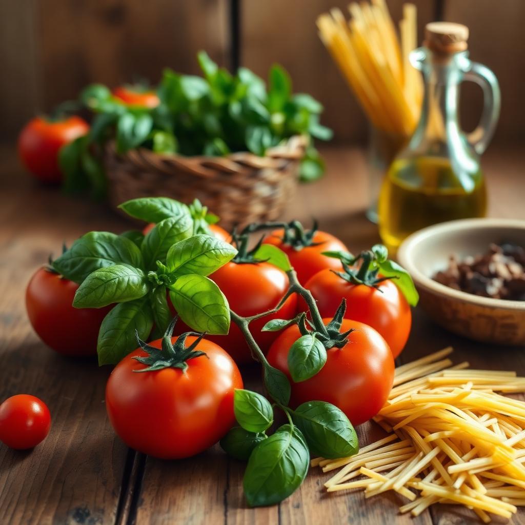 Ingredienti freschi della cucina napoletana su un tavolo di legno